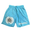 Light Blue Acid Wash Crest Shorts