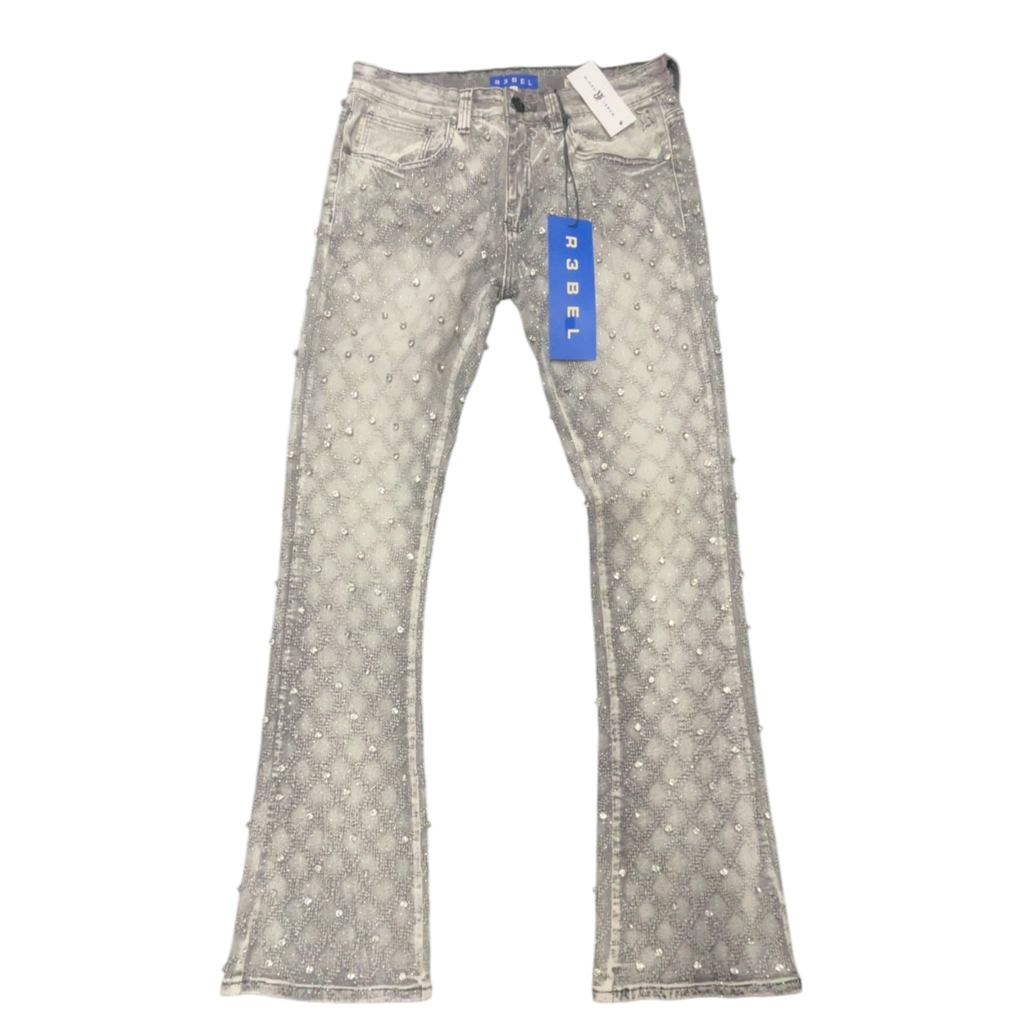 R3BEL Rhinestone Grey Stacked Jeans